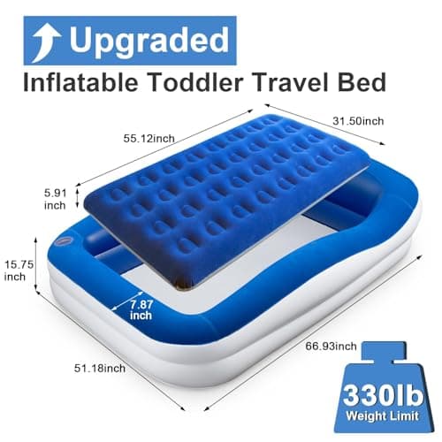 LOREINTA Inflatable Toddler Travel Bed – Portable Toddler Bed with Safety Bumpers, Toddler Floor Bed for Travel, Camping, Sleepovers – Kids Blow Up Bed with Pump & Carry Bag - Thumbnail 2