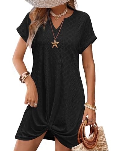 RUMIA Summer Dresses for Women Casual Short Sleeve Eyelet T Shirt Dress Twisted Front Swimsuit Cover Up Beach Vacation Outfits Black XL - Image 1