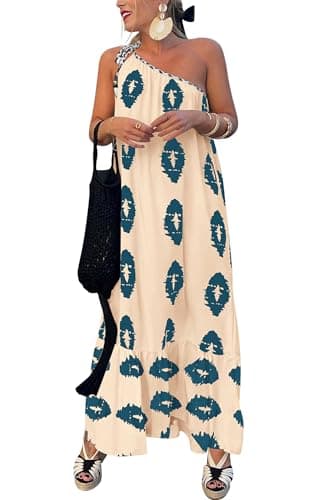 PRETTYGARDEN Women's 2026 Summer One Shoulder Maxi Dress Printed Flowy Boho Long Sundresses Spring Beach Vacation Clothes (Apricot Blue Floral,Large) - Image 1