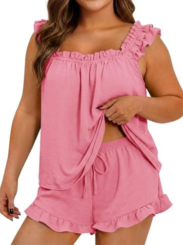 Beautife Womens Plus Size 2 Piece Pajamas Set Ruffle Square Neck Tank Top Shorts Matching Sets Summer Loungewear Outfits - Image 1