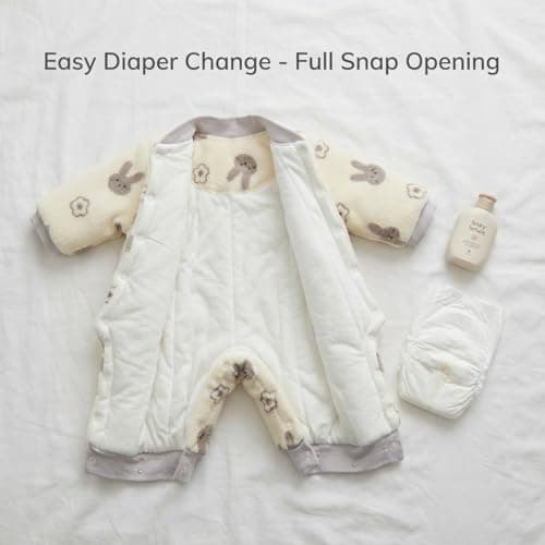 JiAmy Baby Snowsuit Newborn Animal Printed Outfits Infant Baby Fleece Detachable Hat Winter Clothes Jumpsuit Beige Rabbit 6-9 Months - Thumbnail 2