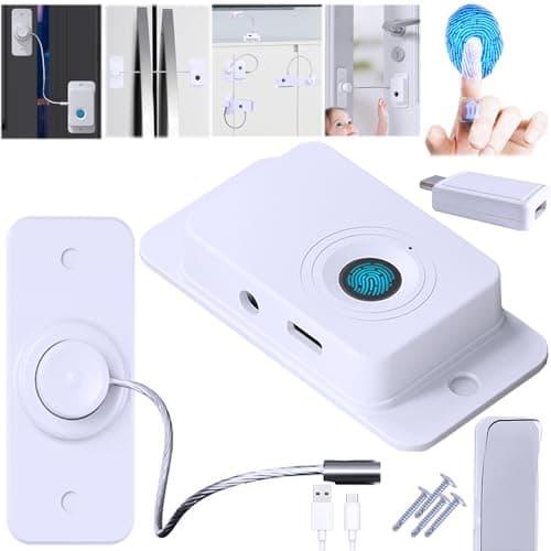 Bstsilver Fingerprint Refrigerator Cable Lock Childproof for Filing Cabinet Door Drawer Freezer, 90 Degree Window Locks French Fridge Latch RV Furniture Anchors Anti Tip, Adhesive/Drill, w/USB Key - Image 1