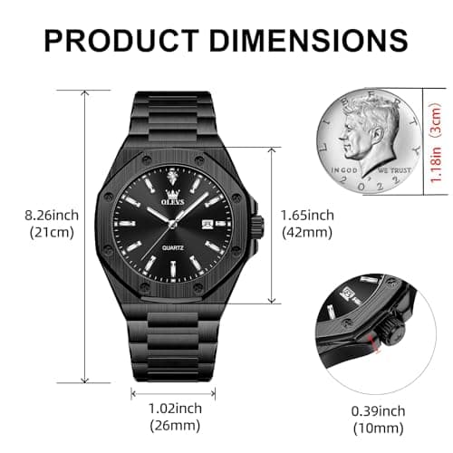 OLEVS Watch Men Luxury All Black Stainless Steel Dress Waterproof Quartz Analog Minimalist Watches for Men Large Face Luminous Date Metal Wrist Octagonal Calendar Mens Watch Relojes para Hombres - Thumbnail 4