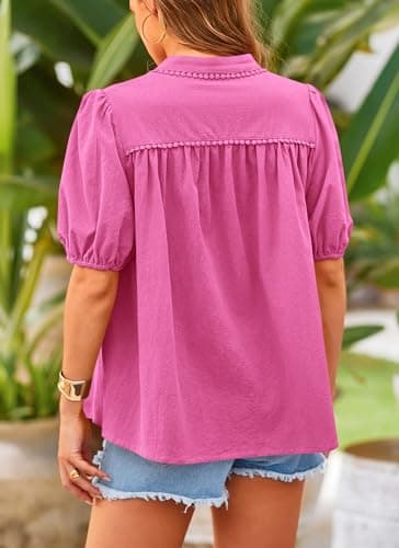 PRETTYGARDEN Women's 2026 Summer Button Down Shirts Short Lantern Sleeve V Neck Cotton Cute Tops Dressy Casual Blouses (Rose Pink,Large) - Thumbnail 2