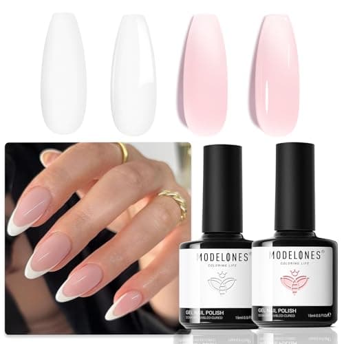 modelones French Manicure Tip Gel Polish Set, 2Pcs 15ML White Nude Pink Gel Nail Polish Jelly Milky Pink White Colors Soak Off U V LED Classic French Nail Kit for DIY at Home Salon for Women - Image 1