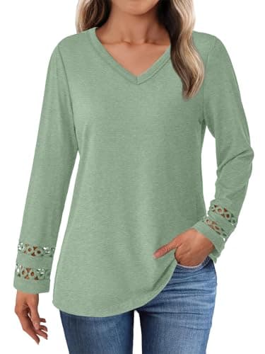 GKBK Women’s Long Sleeve V Neck Tunic Top Casual Dressy Blouse Business Loose Fit Trendy 2025 Fall Outfits Light Green S - Thumbnail 2