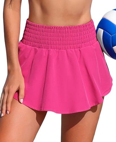 ANFILIA Flowy Swim Bottoms for Women High Waisted Swim Shorts with Zip Pocket Quick Dry Swimsuit Bottoms with Liner Rose Red - Image 1