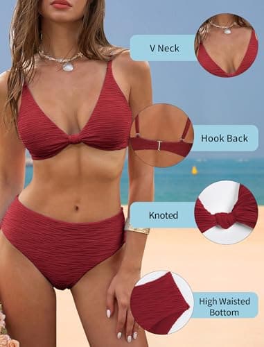 ZAFUL High Cut Bathing Suits for Women 2 Piece Bikini Sets Swimsuit High Waisted Thong Bikini Bottom Sexy Kont Front Push Up Bikini Top Wine S - Thumbnail 4
