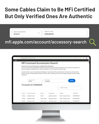 Omnibar Heavy Duty USB A to Lightning Cable 6FT, MFi Certified Apple Lightning Cable, Nylon Braided iPhone Charger Cord for iPhone 14/13/12/11 Pro Max/XR/XS/X iPad AirPods BeatsX CarPlay Cable - Thumbnail 3