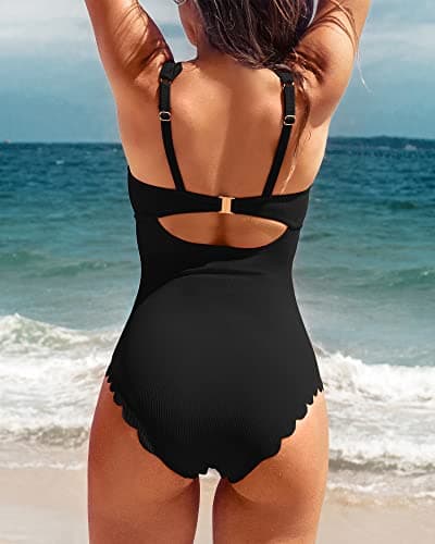 Charmo Womens Scalloped Ribbed One Piece Swimsuits Retro Square Neck Modest Bathing Suits Black M - Thumbnail 2
