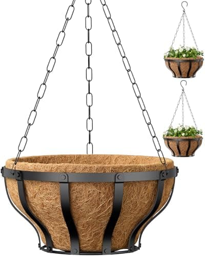 VOXOR Metal Hanging Baskets for Plants, Heavy Duty Wrought Iron Hanging Baskets with Coco Liner & Reinforced Chain, Ideal for Garden, Patio & Porch Decoration (3 Pack, 12 Inch) - Image 1