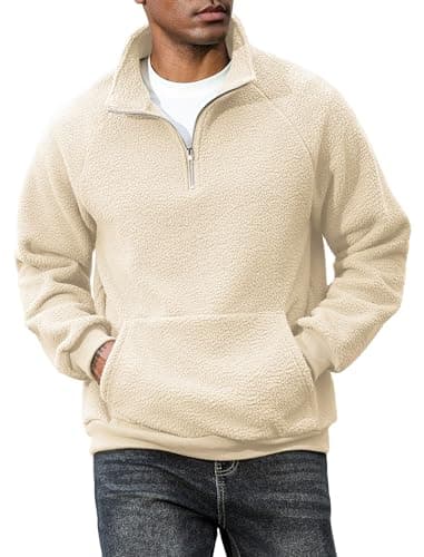 ZAFUL Men's Fluffy Polar Fleece Sweatshirt Embroidery Half Zip Unisex Hoodie Apricot M - Image 1