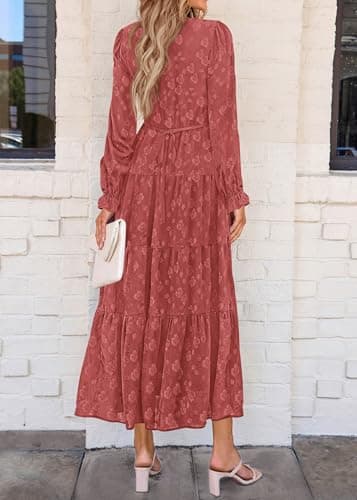 KIRUNDO Spring Wedding Guest Dresses for Women 2026 Maxi Floral Long Sleeve Elegant Ruffle Tiered Flowy Party Long Dress(Bean Paste Red, XX-Large) - Thumbnail 2