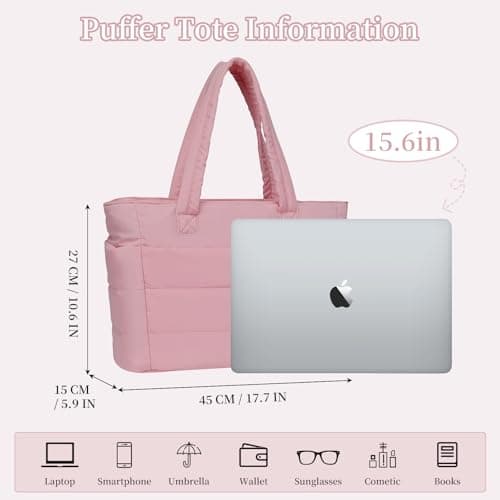 JHhomezeit Puffer Tote Bag for Women-Large Work Tote Bags Quilted Lightweight Puffy Bags Shoulder Bag with Laptop Compartment Pink - Thumbnail 3