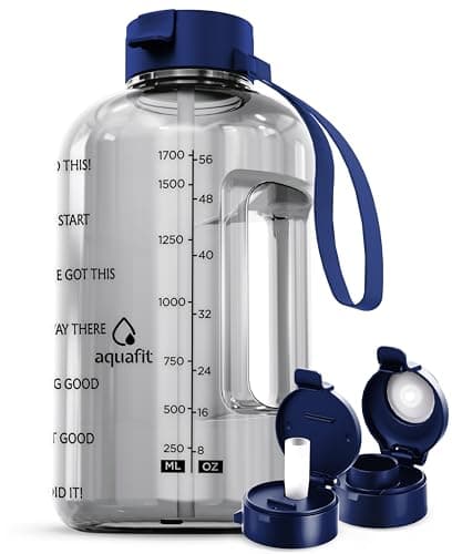 AQUAFIT Half Gallon Water Bottle with Time Marker - Straw & Chug Lid - BPA Free Gym Water Bottle with Straw - Big Gallon Jug (Clarity, 64 oz - 2 Lids) - Image 1