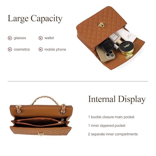 Goinsound Summer Spring designer handbags for women trendy shoulder bag leather crossbody bag checkered quilted purse with chain Brown - Thumbnail 4