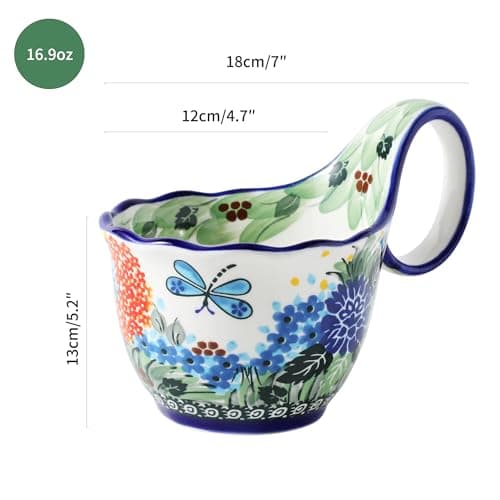 ALMA 2025 Updated Decorative Pottery Soup Bowl Microwave Safe,Large Ceramic Soup Bowl with Loop Handle,Ceramic Cereal Bowl for Soup,Snack,Chip,Stew,Ice cream-Spring Splendor Theme - Thumbnail 3