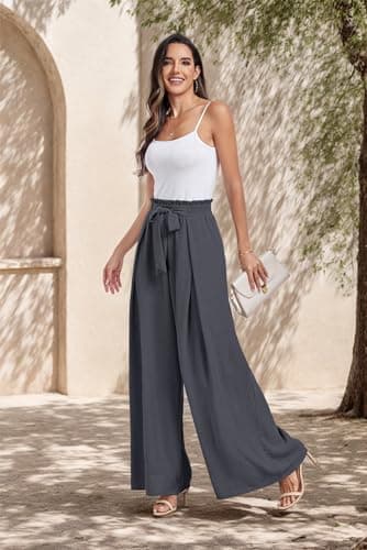 Lepunuo Womens Casual Wide Leg Pants High Waisted Straight Long Trousers Palazzo Pants A - Grey - Thumbnail 2