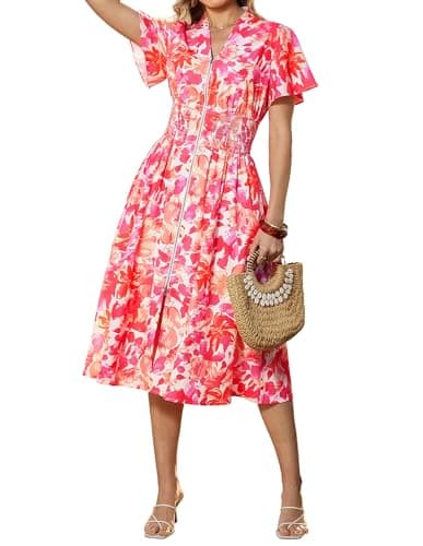 GRACE KARIN Womens Summer Maxi Floral Dress Casual 2026 Long Zipper Dresses Boho Flowy Beach Vacation Sundress with Pockets Red Floral S - Image 1