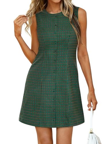 BTFBM Womens Summer Dress 2026 Spring Plaid Crew Neck Sleeveless Button Bodycon Mini Vintage Business Casual Dresses(Green, XX-Large) - Image 1