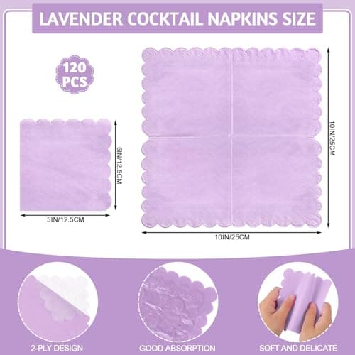 NatNarr 120 Pcs Purple Napkins,Scalloped Easter Paper Napkins Disposable Lavender Cocktail Napkin Lilac Beverage Dessert Napkin for Birthday Wedding Bridal Baby Shower, 5 x 5 Inch - Thumbnail 2