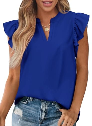 Zenlonr Womens Summer Tops 2026 Casual V Neck Ruffle Cap Sleeve Blouse Shirts Solid Color Tunic Tops(Royal Blue,X-Large) - Image 1
