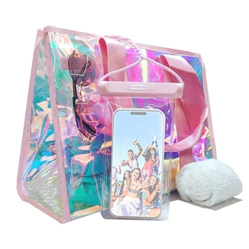 GolfFox 26L Extra Large Iridescent Beach Bag Set - Pink Tote Bag with Zipper & Waterproof Touchscreen Phone Pouch，Perfect Beach Essentials for Family - Image 1