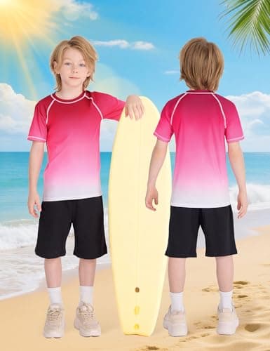 Roadbox Boys Rash Guard Short Sleeve, Swim Shirt UPF 50+ Sun Protection, Quick Dry Kids Rashguard Water Shirt for Surf Beach - Thumbnail 2