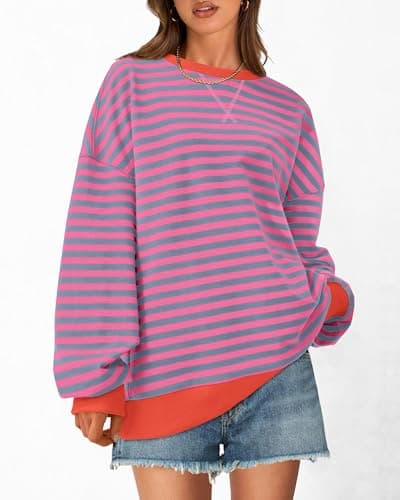 BTFBM Womens Oversized Striped Sweatshirt 2026 Spring Crewneck Long Sleeve Pullover Top Casual Y2K Clothes Workout Shirt(Rose Red Grey Blue, Medium) - Thumbnail 3