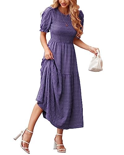 dowerme Womens Summer Dresses 2025 Casual Puff Short Sleeve Crewneck Smocked Flowy Ruffle Boho Beach Party Maxi Sundress(Purple,Small) - Image 1