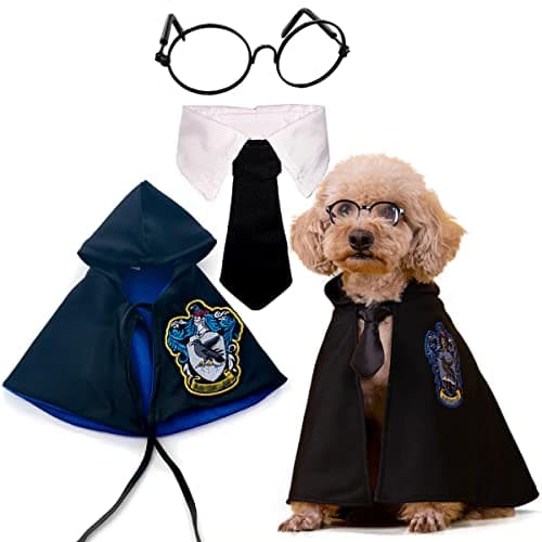 Cat Costumes Halloween 3 Piece Set with Glasses and Neckties, Cat Dog Cosplay Costume Set, Perfect for Party and Gifts for Cat Dog (Blue, Large) - Image 1