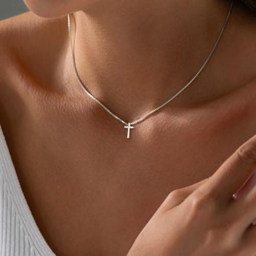 Dodder Silver Cross Necklace for Women Trendy, 14K White Gold Plated Sideway Charm Choker, Religious Faith Cross Pendant Necklace Dainty - Thumbnail 2