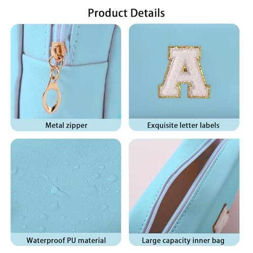 Makeup Bag Initial Preppy Patch Bag,Small PU Leather Travel Cosmetic Bag Pouch with Zipper, Blue Cute Toiletry Bag,Gift Ideal for Teen Girls Women Birthday Friend Mom, Latter A - Thumbnail 3
