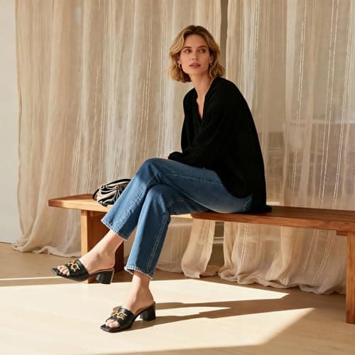 Athlefit Women's Heeled Sandals Black Chunky Heel Mules Square Peep Toe Low Block Heels Slip On Comfortable Summer Dressy Shoes Size 7 - Thumbnail 2