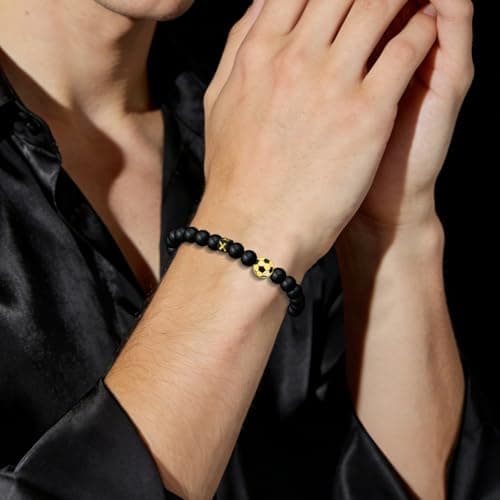 GIGLIM Soccer Initial Bracelet for Boys Men 18K Gold Plated Brass Soccer Charm with 19 Obsidian Beads & 2 Tiger Eye Pendants Inspirational Sport Bracelet Birthday Easter Son Grandson Nephew Friend - Thumbnail 3