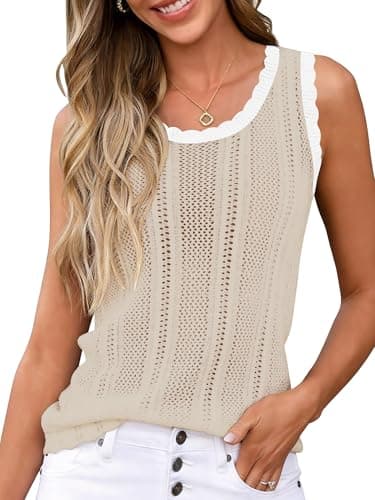 Anbech Womens Summer Crochet Tops Knit Sweater Tank Tops Sleeveless Casual Beach Vacation Vest Trendy Apricot, XL - Image 1
