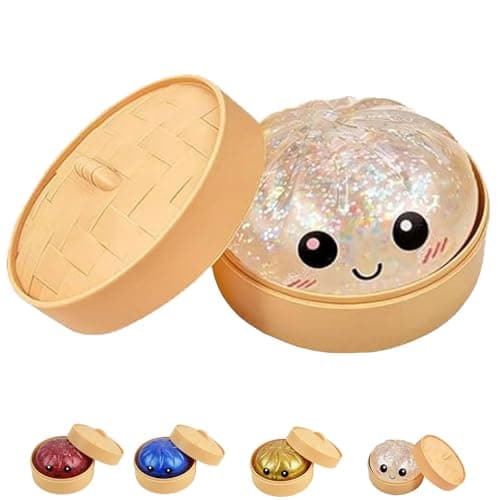 Vimilove Dumpling Squishies Glitter Dumpling Mystery Box Colorful Dumplings Stress Balls Easter Basket Stuffers, Stocking Stuffers with Food Steamer Stretchy Desk Toys(Glitter Whitegold)