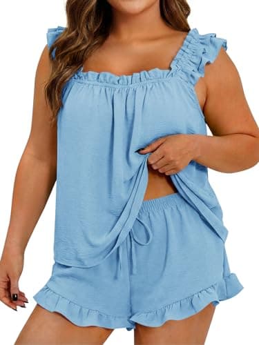 Beautife Womens Plus Size 2 Piece Pajamas Set Ruffle Square Neck Tank Top Shorts Matching Sets Summer Loungewear Outfits - Image 1
