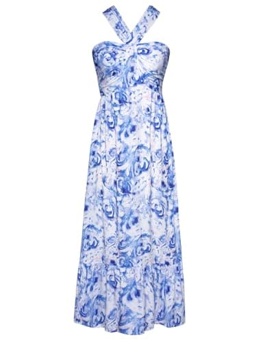 GRACE KARIN Women's 2025 Summer Floral Maxi Dress Criss Cross Halterneck Sleeveless Flowy A Line Boho Beach Vacation Casual Dress Peony Blue XL - Image 1