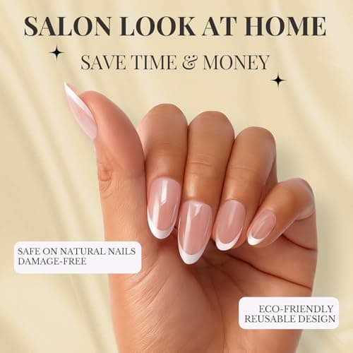 French Tip Press On Nails Acrylic - Short Almond Fake Nails Press ons, Reusable Glossy 30 Nail Kit with Glue, Adhesive Tabs, File, Manicure Stick, Prep Pad for Salon Quality or Fall Style - Thumbnail 2