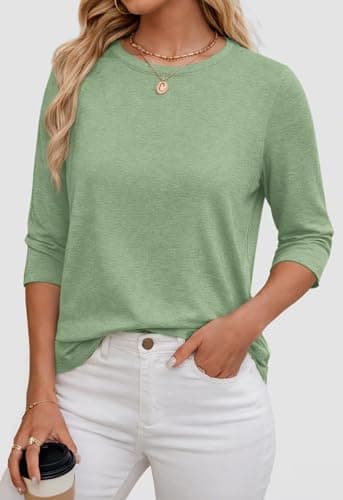 ATHMILE Business Casual Tops for Women Casual 3/4 Sleeve T-Shirts Crewneck Cute Tunic Summer Basic Tees Fall Blouses Loose Fit Pullover Grey Green - Thumbnail 2