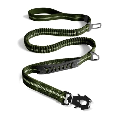 AIRUIDOG Heavy Duty Tactical Bungee Dog Leash, 4-6FT Shock Absorbing Tactical Dog Leash with 2 Padded Handles, Metal Carabiner Clip, Car Seatbelt, Reflective for Medium Large Dogs (ArmyGreen)