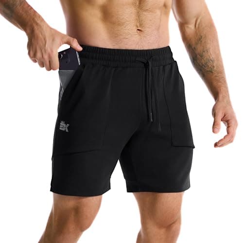 BROKIG Zero Armor Mens Gym Shorts 7" Inseam Slim Fit Anti-Chafing Cotton Workout Shorts with Zipper Pocket(Medium,Black)