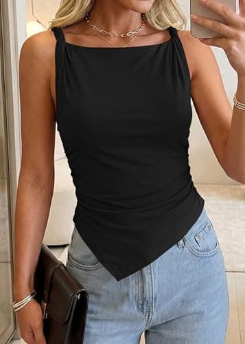 KIRUNDO Asymmetrical Tops for Women Summer Sleeveless Twist Straps Slim Fit Y2K Ruched Tank Shirts Going Out Top Resort Wear(Black, Medium) - Thumbnail 5