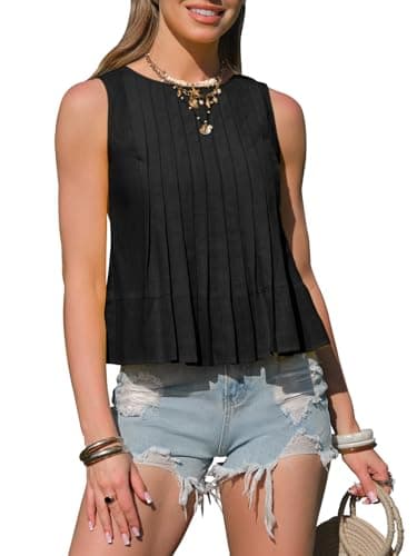 EXLURA Women's Cotton Linen Pleated Peplum Tank Tops Sleeveless Round Neck Babydoll Blouse Casual Summer Flowy Shirts 2026 Black - Image 1