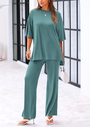 KIRUNDO 2 Piece Lounge Sets for Women Airport Travel Vacation Outfits Summer Casual Loose Short Sleeve Tops & Wide Leg Pants(Fruit Green, XX-Large) - Thumbnail 3