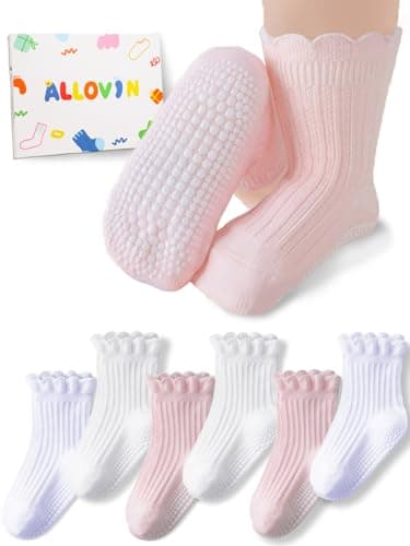 ALLOVIN 6 Pairs Non-Slip Ruffle Lace Socks for Baby & Toddler Girls – Soft Cotton Grip Socks | Pure White/Off-White/Pink | 6-12 Months - Image 1