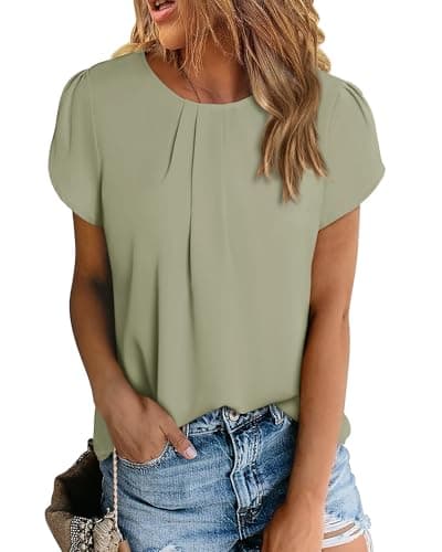 PRETTYGARDEN Women's Tops 2026 Casual Summer Round Neck Short Sleeve Basic Pleated Loose Fit Blouses Plain Tunic Shirts(Bean Green,XX-Large) - Image 1