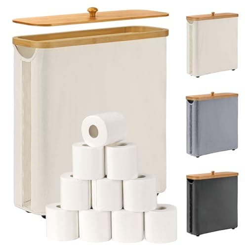 LAYVIC Toilet Paper Storage Basket with Bamboo Lid, Large Storage for Up to 9 Mega Rolls or 12 Regular Rolls, Toilet Paper Organizer for Bathroom (Beige) - Image 1