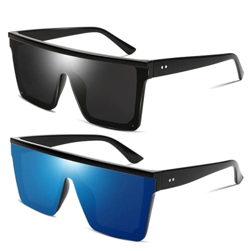 FEISEDY 2Pack Oversized Sunglasses Mens Womens Flat Top Square Trendy Visor Shades UV400 B2470 Black+Blue - Image 1